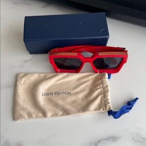 Authentic Louis Vuitton Red Rectangular Sunglasses with Gold Temples